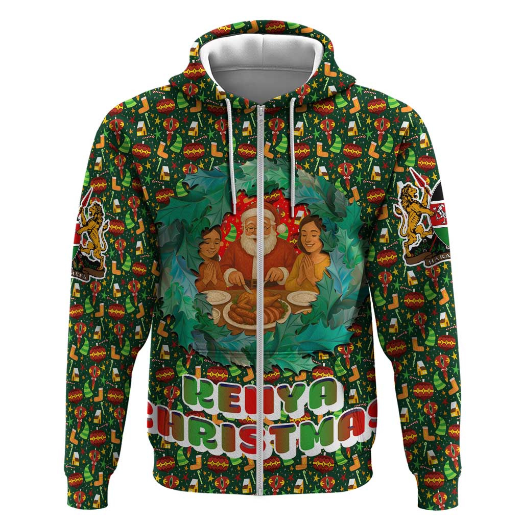 Kenya Christmas Zip Hoodie with Santa Feast Scene and Festive Wreath Pattern - Wonder Print Shop