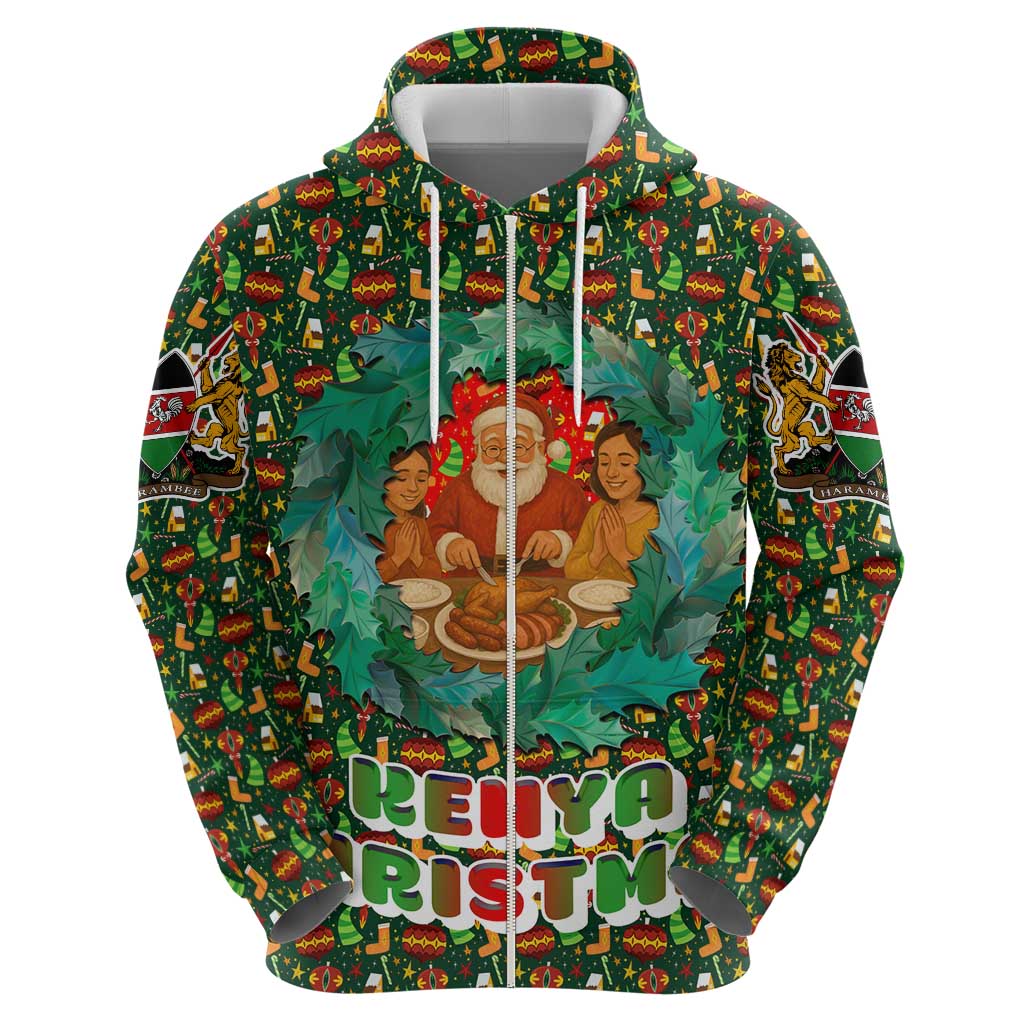 Kenya Christmas Zip Hoodie with Santa Feast Scene and Festive Wreath Pattern - Wonder Print Shop