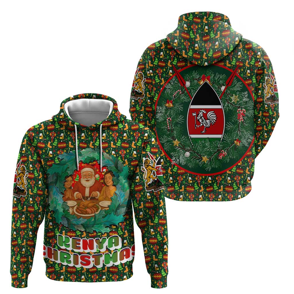 Kenya Christmas Zip Hoodie with Santa Feast Scene and Festive Wreath Pattern - Wonder Print Shop