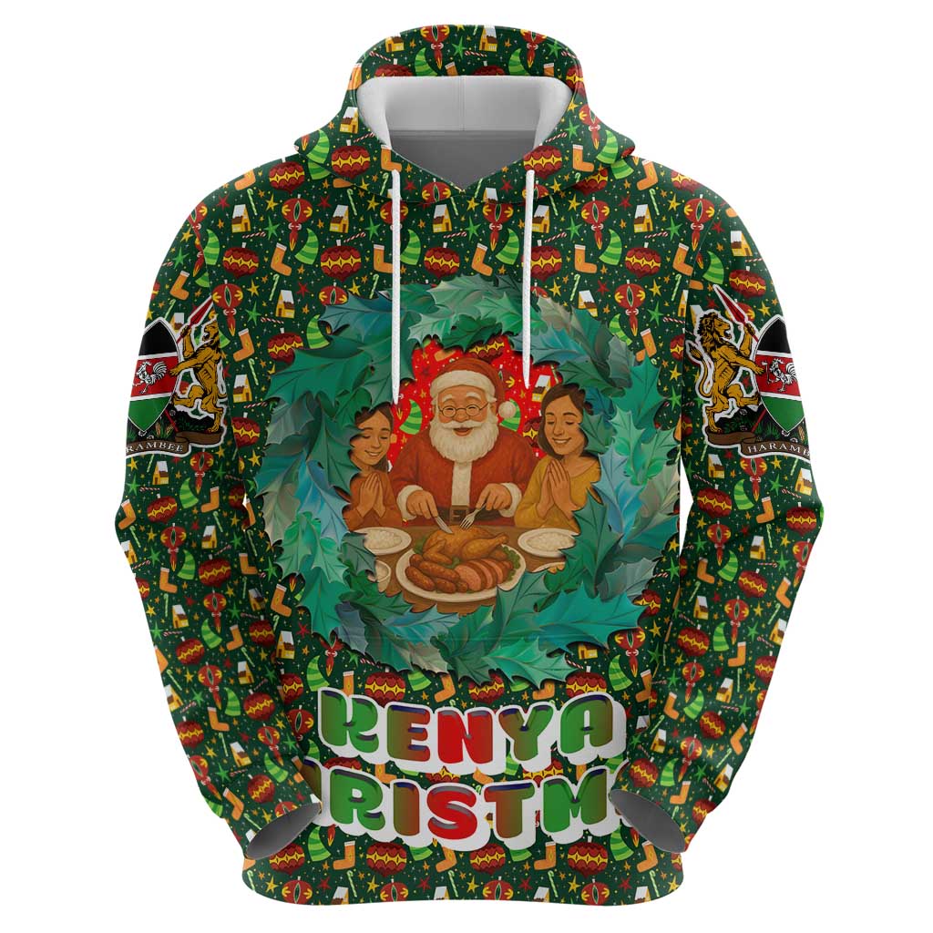 Kenya Christmas Zip Hoodie with Santa Feast Scene and Festive Wreath Pattern - Wonder Print Shop