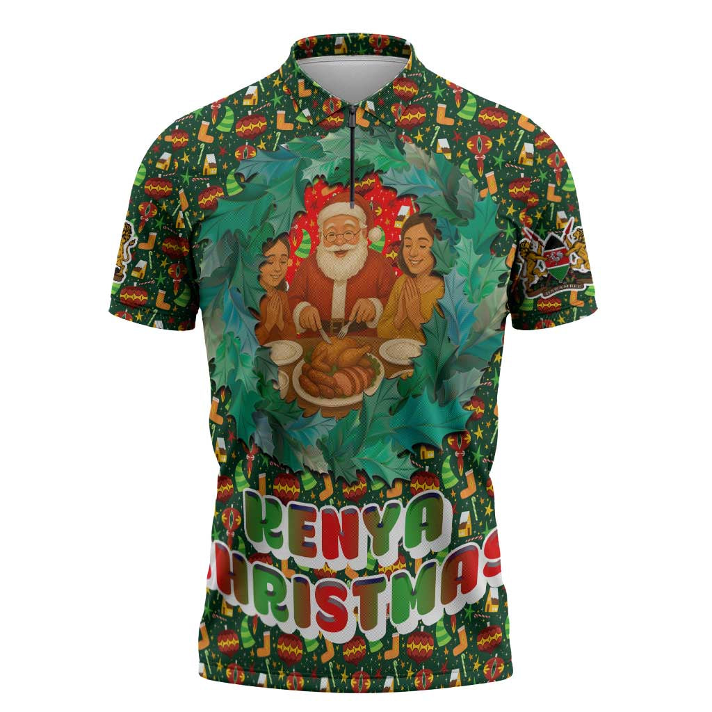 Kenya Christmas Zipper Polo Shirt with Santa Feast Scene and Festive Wreath Pattern - Wonder Print Shop