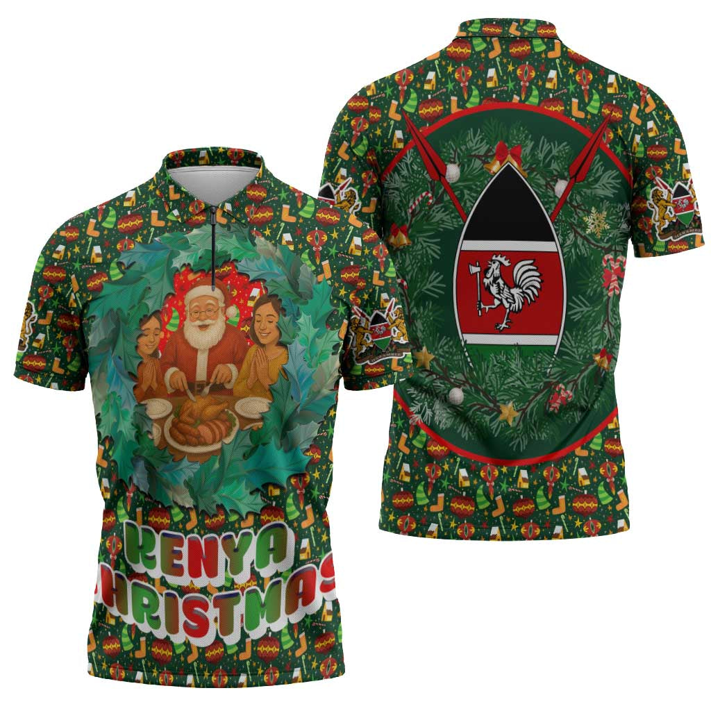 Kenya Christmas Zipper Polo Shirt with Santa Feast Scene and Festive Wreath Pattern - Wonder Print Shop