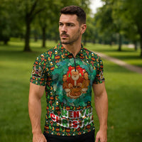 Kenya Christmas Zipper Polo Shirt with Santa Feast Scene and Festive Wreath Pattern - Wonder Print Shop