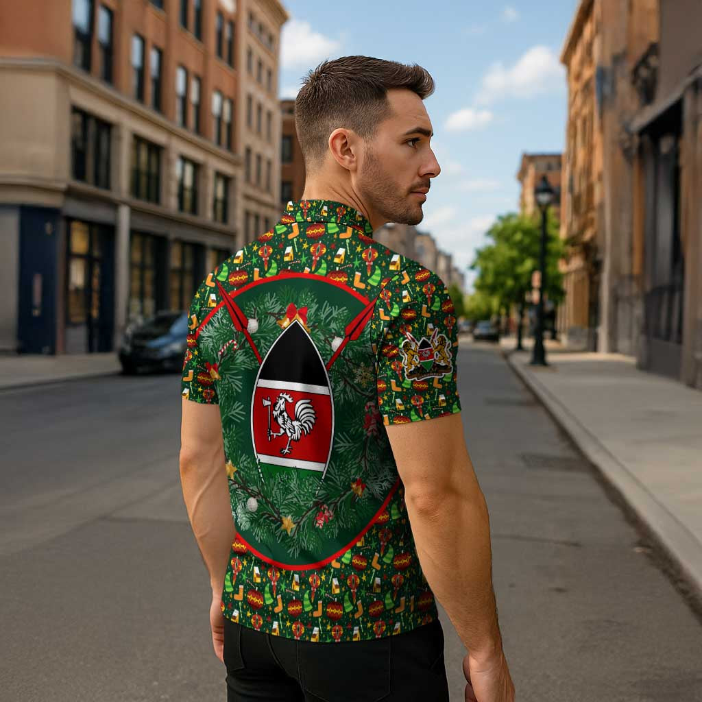 Kenya Christmas Zipper Polo Shirt with Santa Feast Scene and Festive Wreath Pattern - Wonder Print Shop