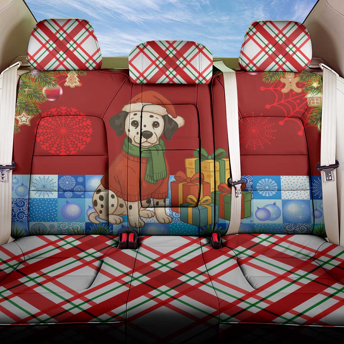 Croatia Christmas Back Car Seat Cover with Dalmatian Dog Presents and Red Plaid Holiday - Wonder Print Shop