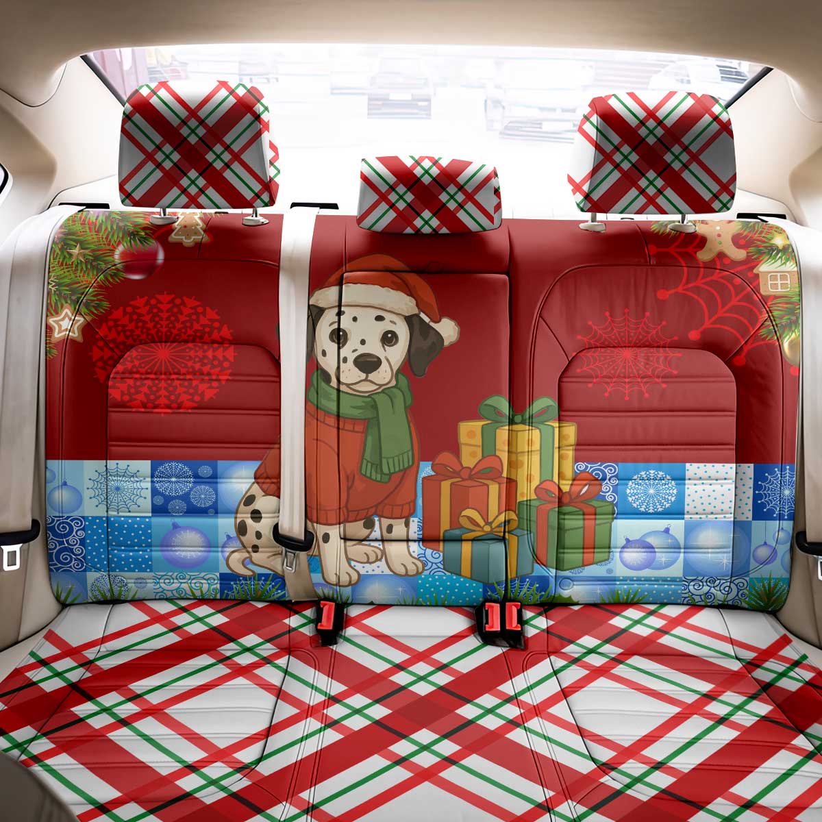 Croatia Christmas Back Car Seat Cover with Dalmatian Dog Presents and Red Plaid Holiday - Wonder Print Shop