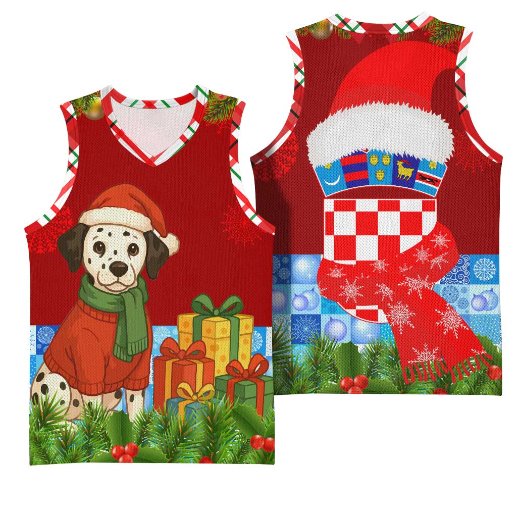 Croatia Christmas Basketball Jersey with Dalmatian Dog Presents and Red Plaid Holiday - Wonder Print Shop