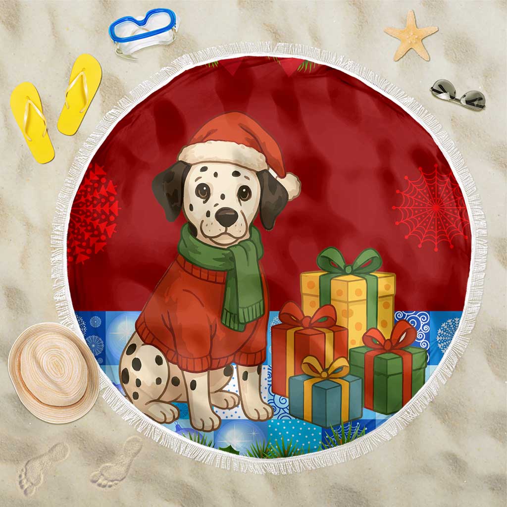 Croatia Christmas Beach Blanket with Dalmatian Dog Presents and Red Plaid Holiday - Wonder Print Shop