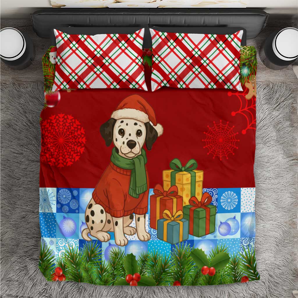 Croatia Christmas Bedding Set with Dalmatian Dog Presents and Red Plaid Holiday - Wonder Print Shop