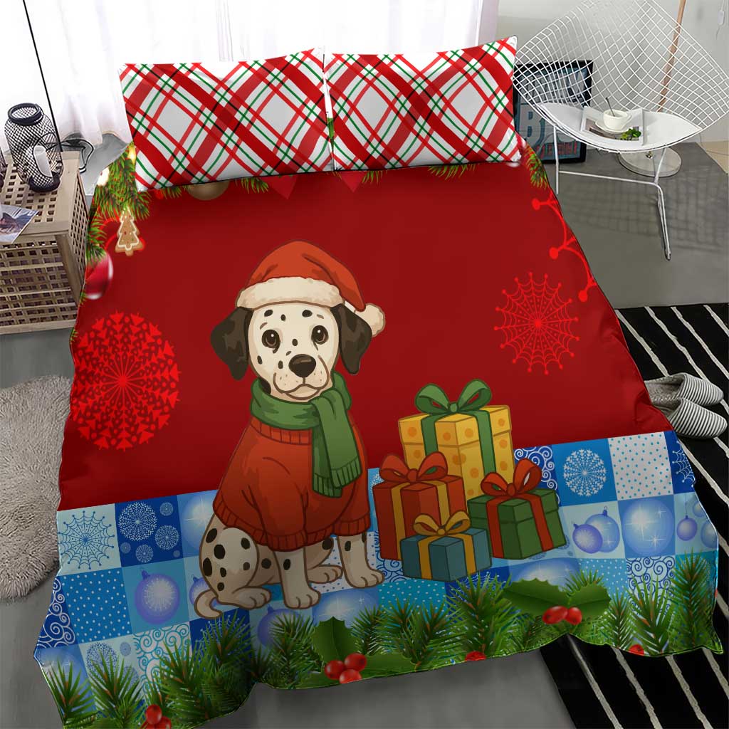 Croatia Christmas Bedding Set with Dalmatian Dog Presents and Red Plaid Holiday - Wonder Print Shop