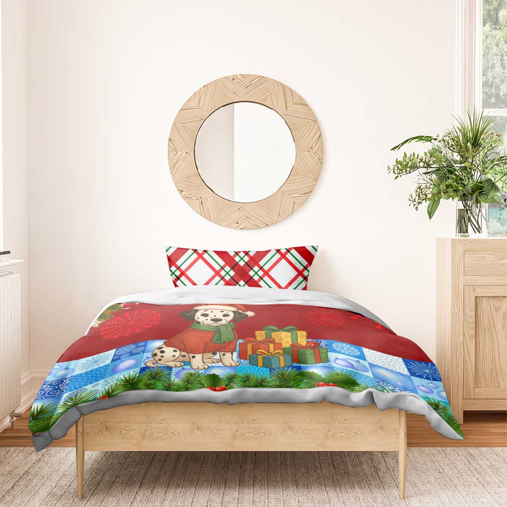 Croatia Christmas Bedding Set with Dalmatian Dog Presents and Red Plaid Holiday - Wonder Print Shop