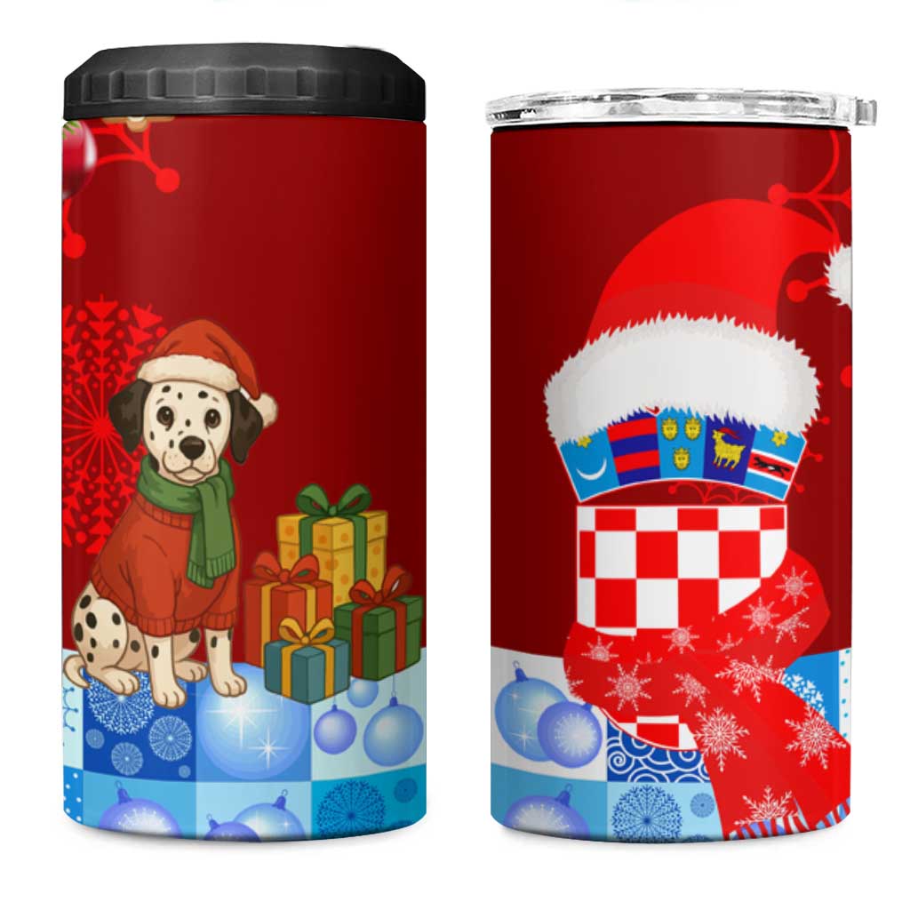 Croatia Christmas 4 in 1 Can Cooler Tumbler with Dalmatian Dog Presents and Red Plaid Holiday - Wonder Print Shop