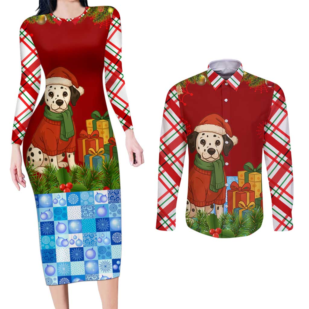Croatia Christmas Couples Matching Long Sleeve Bodycon Dress and Long Sleeve Button Shirt with Dalmatian Dog Presents and Red Plaid Holiday - Wonder Print Shop