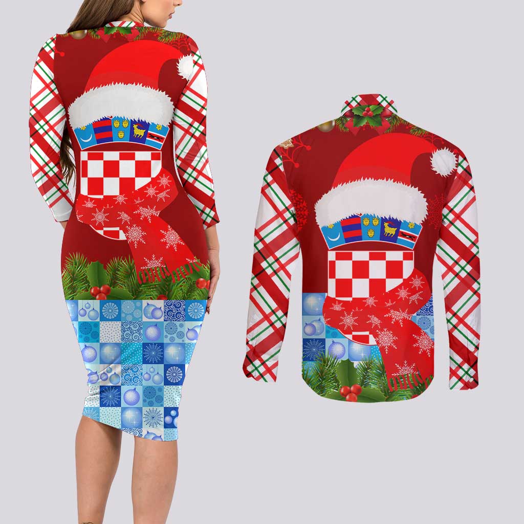 Croatia Christmas Couples Matching Long Sleeve Bodycon Dress and Long Sleeve Button Shirt with Dalmatian Dog Presents and Red Plaid Holiday - Wonder Print Shop