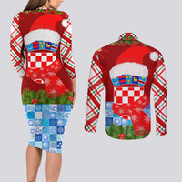 Croatia Christmas Couples Matching Long Sleeve Bodycon Dress and Long Sleeve Button Shirt with Dalmatian Dog Presents and Red Plaid Holiday - Wonder Print Shop