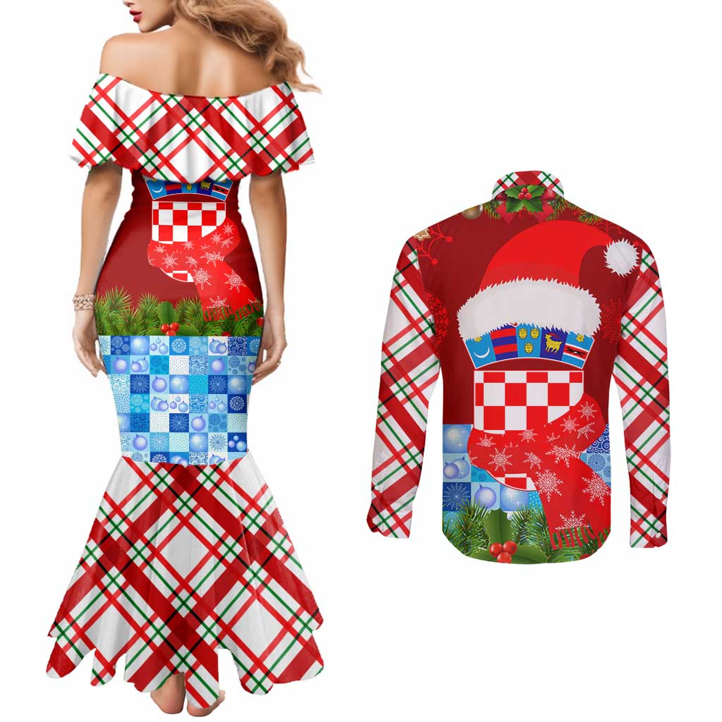 Croatia Christmas Couples Matching Mermaid Dress and Long Sleeve Button Shirt with Dalmatian Dog Presents and Red Plaid Holiday - Wonder Print Shop