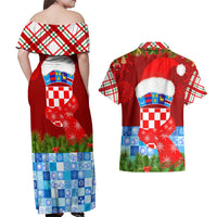 Croatia Christmas Couples Matching Off Shoulder Maxi Dress and Hawaiian Shirt with Dalmatian Dog Presents and Red Plaid Holiday - Wonder Print Shop