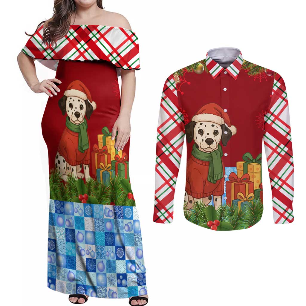 Croatia Christmas Couples Matching Off Shoulder Maxi Dress and Long Sleeve Button Shirt with Dalmatian Dog Presents and Red Plaid Holiday - Wonder Print Shop