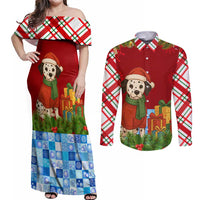 Croatia Christmas Couples Matching Off Shoulder Maxi Dress and Long Sleeve Button Shirt with Dalmatian Dog Presents and Red Plaid Holiday - Wonder Print Shop
