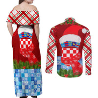 Croatia Christmas Couples Matching Off Shoulder Maxi Dress and Long Sleeve Button Shirt with Dalmatian Dog Presents and Red Plaid Holiday - Wonder Print Shop