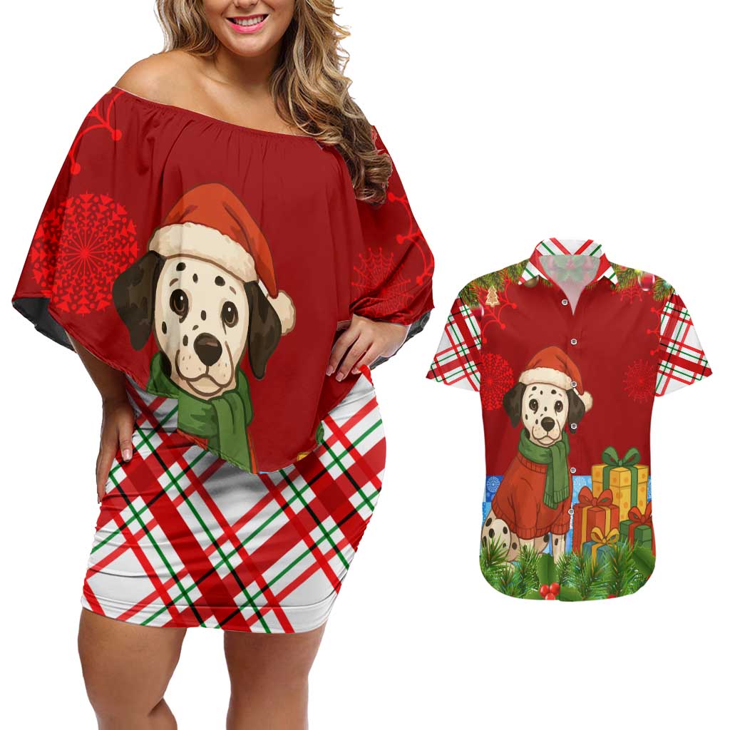 Croatia Christmas Couples Matching Off Shoulder Short Dress and Hawaiian Shirt with Dalmatian Dog Presents and Red Plaid Holiday - Wonder Print Shop