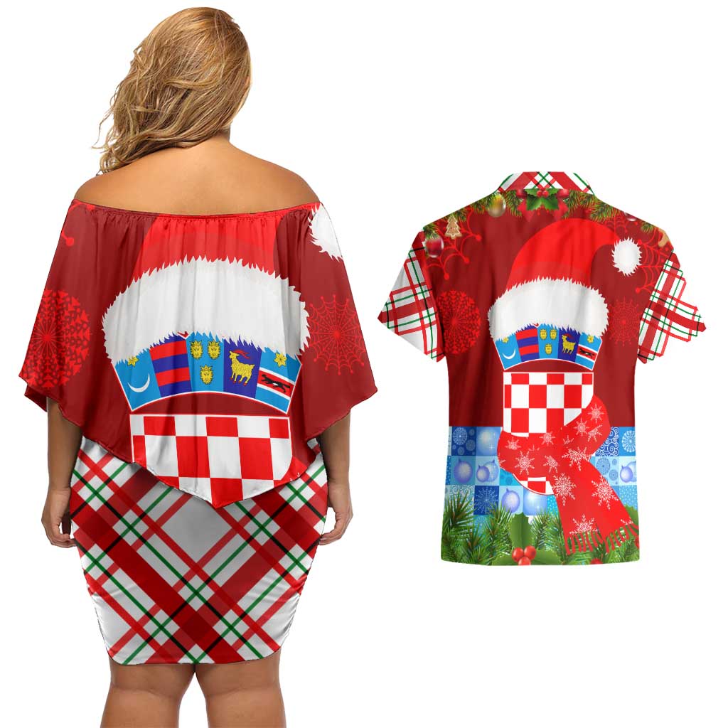 Croatia Christmas Couples Matching Off Shoulder Short Dress and Hawaiian Shirt with Dalmatian Dog Presents and Red Plaid Holiday - Wonder Print Shop