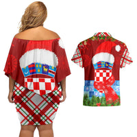 Croatia Christmas Couples Matching Off Shoulder Short Dress and Hawaiian Shirt with Dalmatian Dog Presents and Red Plaid Holiday - Wonder Print Shop