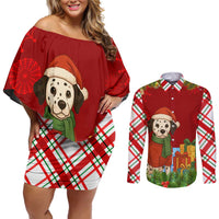 Croatia Christmas Couples Matching Off Shoulder Short Dress and Long Sleeve Button Shirt with Dalmatian Dog Presents and Red Plaid Holiday - Wonder Print Shop