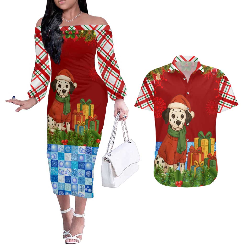 Croatia Christmas Couples Matching Off The Shoulder Long Sleeve Dress and Hawaiian Shirt with Dalmatian Dog Presents and Red Plaid Holiday - Wonder Print Shop