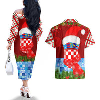 Croatia Christmas Couples Matching Off The Shoulder Long Sleeve Dress and Hawaiian Shirt with Dalmatian Dog Presents and Red Plaid Holiday - Wonder Print Shop