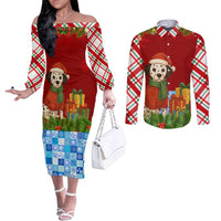 Croatia Christmas Couples Matching Off The Shoulder Long Sleeve Dress and Long Sleeve Button Shirt with Dalmatian Dog Presents and Red Plaid Holiday - Wonder Print Shop