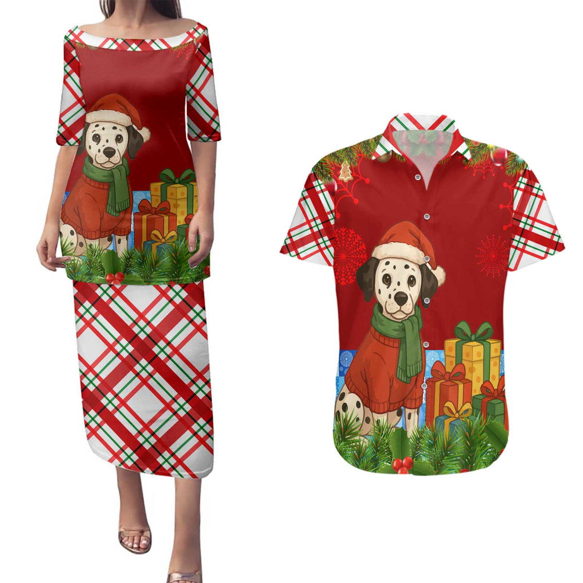 Croatia Christmas Couples Matching Puletasi and Hawaiian Shirt with Dalmatian Dog Presents and Red Plaid Holiday - Wonder Print Shop