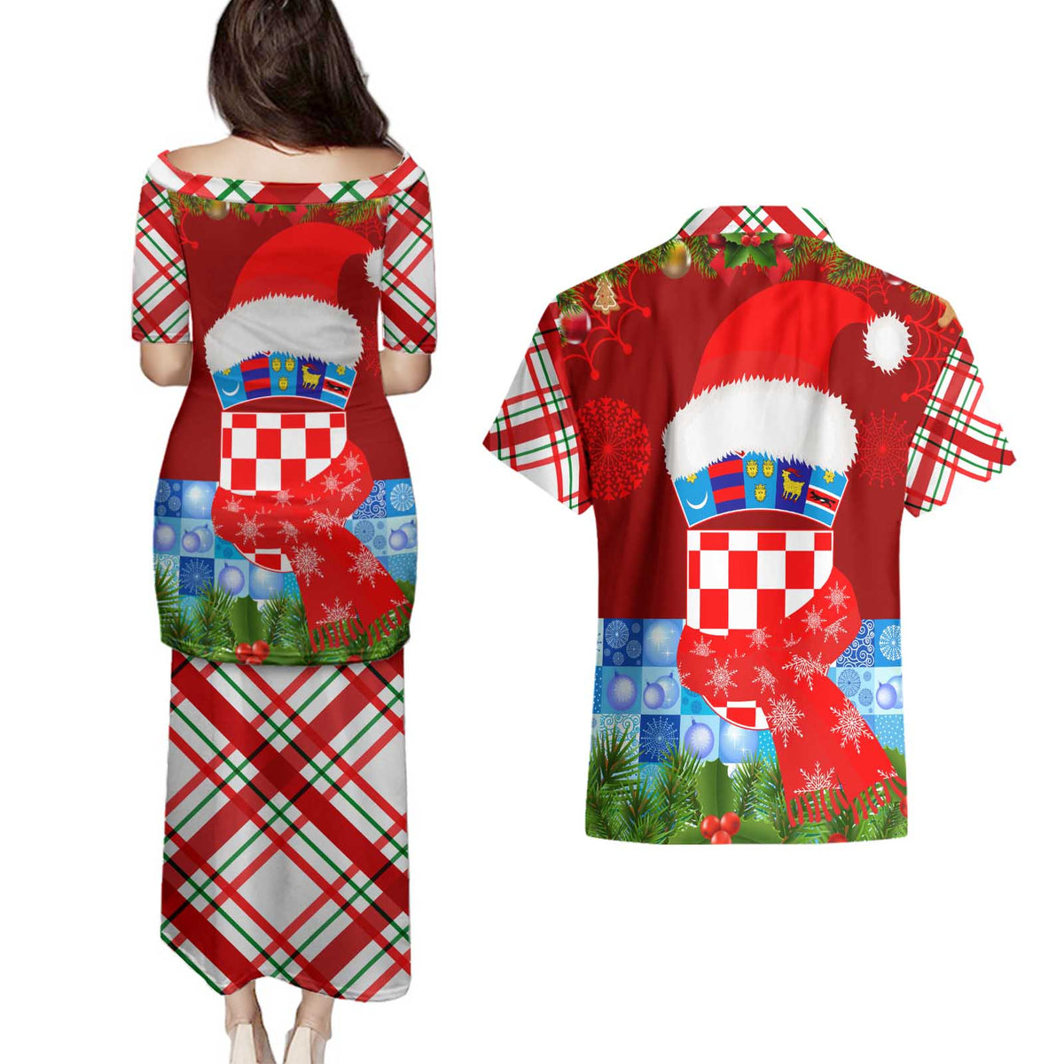 Croatia Christmas Couples Matching Puletasi and Hawaiian Shirt with Dalmatian Dog Presents and Red Plaid Holiday - Wonder Print Shop