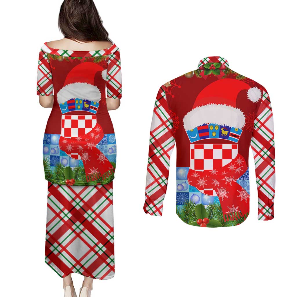 Croatia Christmas Couples Matching Puletasi and Long Sleeve Button Shirt with Dalmatian Dog Presents and Red Plaid Holiday - Wonder Print Shop