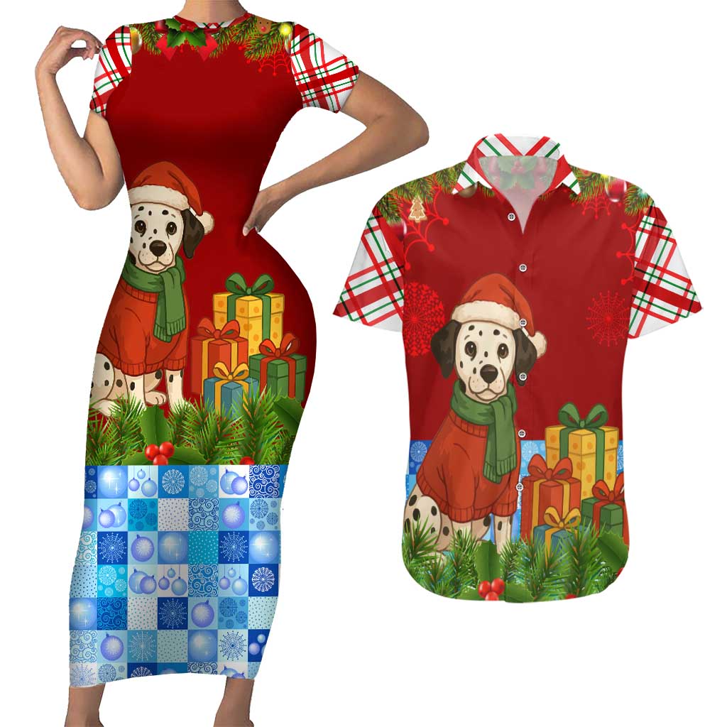 Croatia Christmas Couples Matching Short Sleeve Bodycon Dress and Hawaiian Shirt with Dalmatian Dog Presents and Red Plaid Holiday - Wonder Print Shop