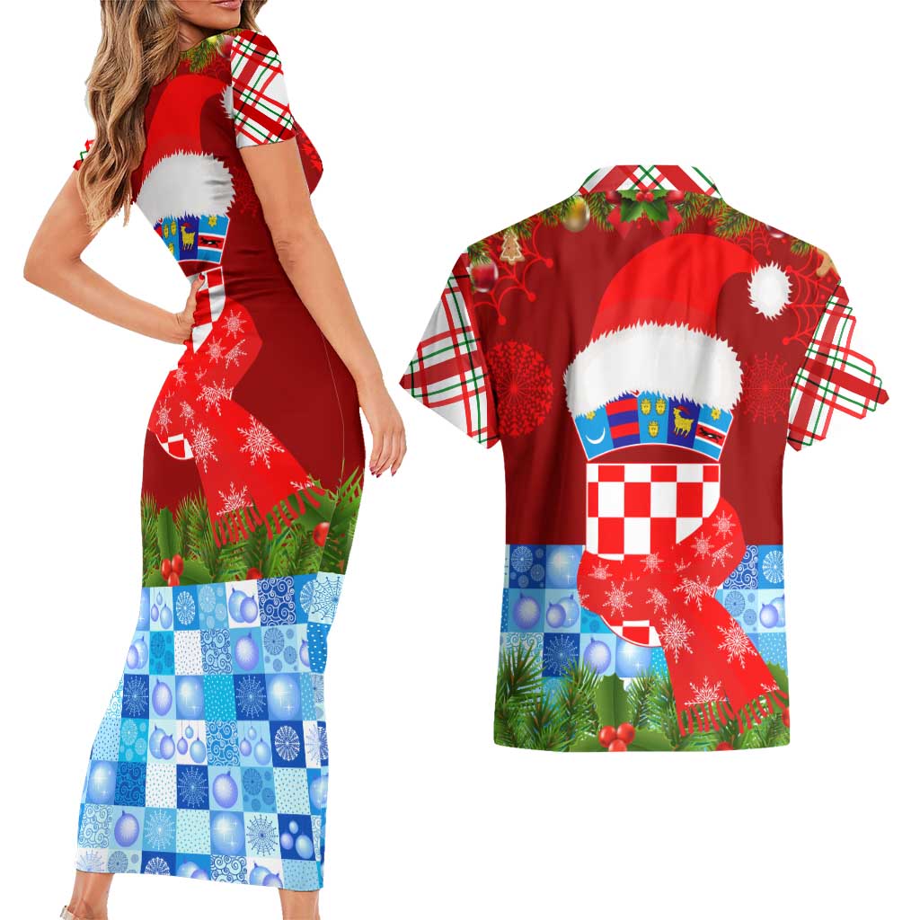 Croatia Christmas Couples Matching Short Sleeve Bodycon Dress and Hawaiian Shirt with Dalmatian Dog Presents and Red Plaid Holiday - Wonder Print Shop