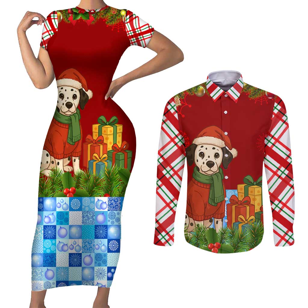 Croatia Christmas Couples Matching Short Sleeve Bodycon Dress and Long Sleeve Button Shirt with Dalmatian Dog Presents and Red Plaid Holiday - Wonder Print Shop