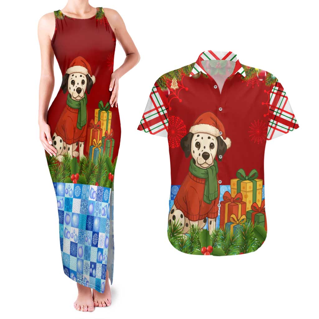 Croatia Christmas Couples Matching Tank Maxi Dress and Hawaiian Shirt with Dalmatian Dog Presents and Red Plaid Holiday - Wonder Print Shop