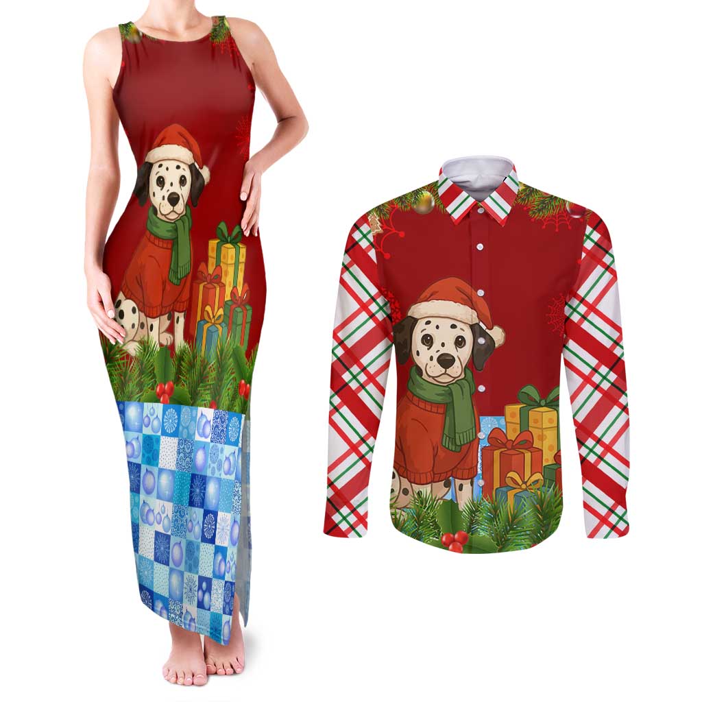 Croatia Christmas Couples Matching Tank Maxi Dress and Long Sleeve Button Shirt with Dalmatian Dog Presents and Red Plaid Holiday - Wonder Print Shop
