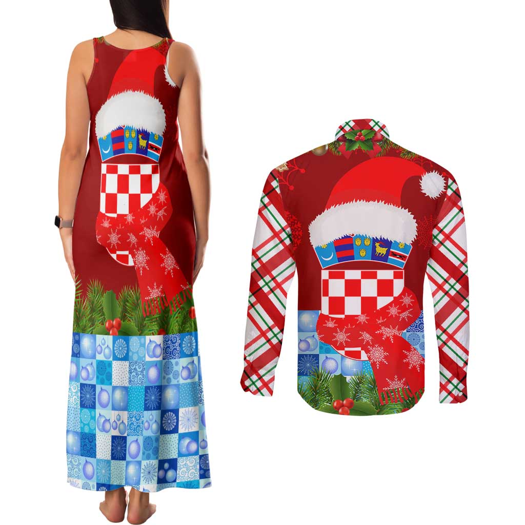 Croatia Christmas Couples Matching Tank Maxi Dress and Long Sleeve Button Shirt with Dalmatian Dog Presents and Red Plaid Holiday - Wonder Print Shop