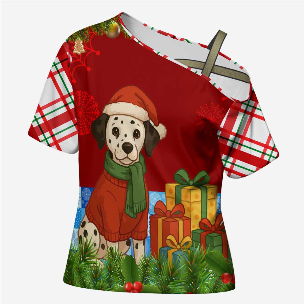 Croatia Christmas Cross Shoulder Shirt with Dalmatian Dog Presents and Red Plaid Holiday - Wonder Print Shop