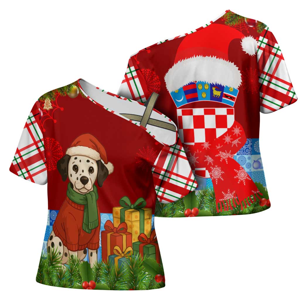 Croatia Christmas Cross Shoulder Shirt with Dalmatian Dog Presents and Red Plaid Holiday - Wonder Print Shop