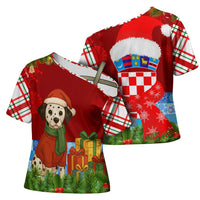 Croatia Christmas Cross Shoulder Shirt with Dalmatian Dog Presents and Red Plaid Holiday - Wonder Print Shop