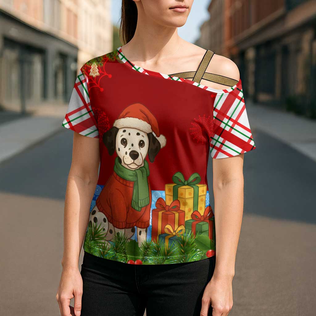 Croatia Christmas Cross Shoulder Shirt with Dalmatian Dog Presents and Red Plaid Holiday - Wonder Print Shop