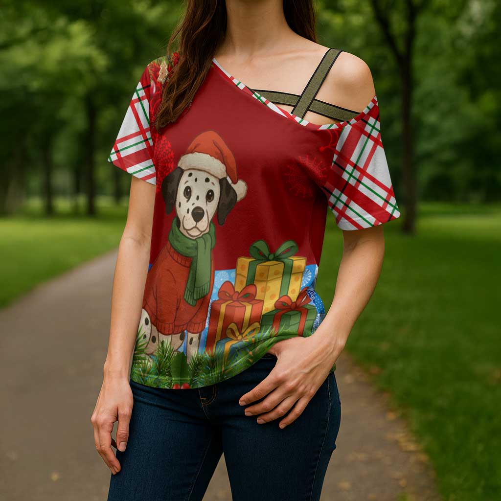 Croatia Christmas Cross Shoulder Shirt with Dalmatian Dog Presents and Red Plaid Holiday - Wonder Print Shop
