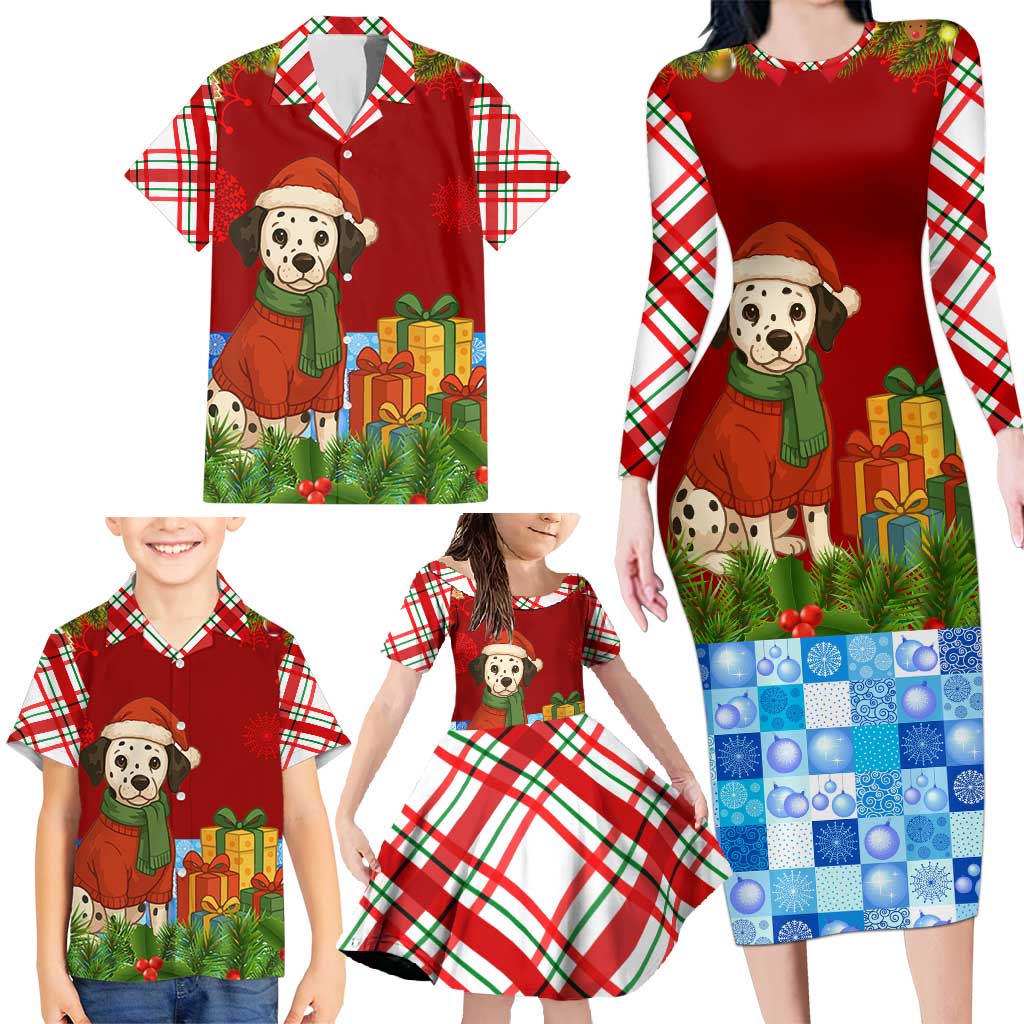 Croatia Christmas Family Matching Long Sleeve Bodycon Dress and Hawaiian Shirt with Dalmatian Dog Presents and Red Plaid Holiday - Wonder Print Shop