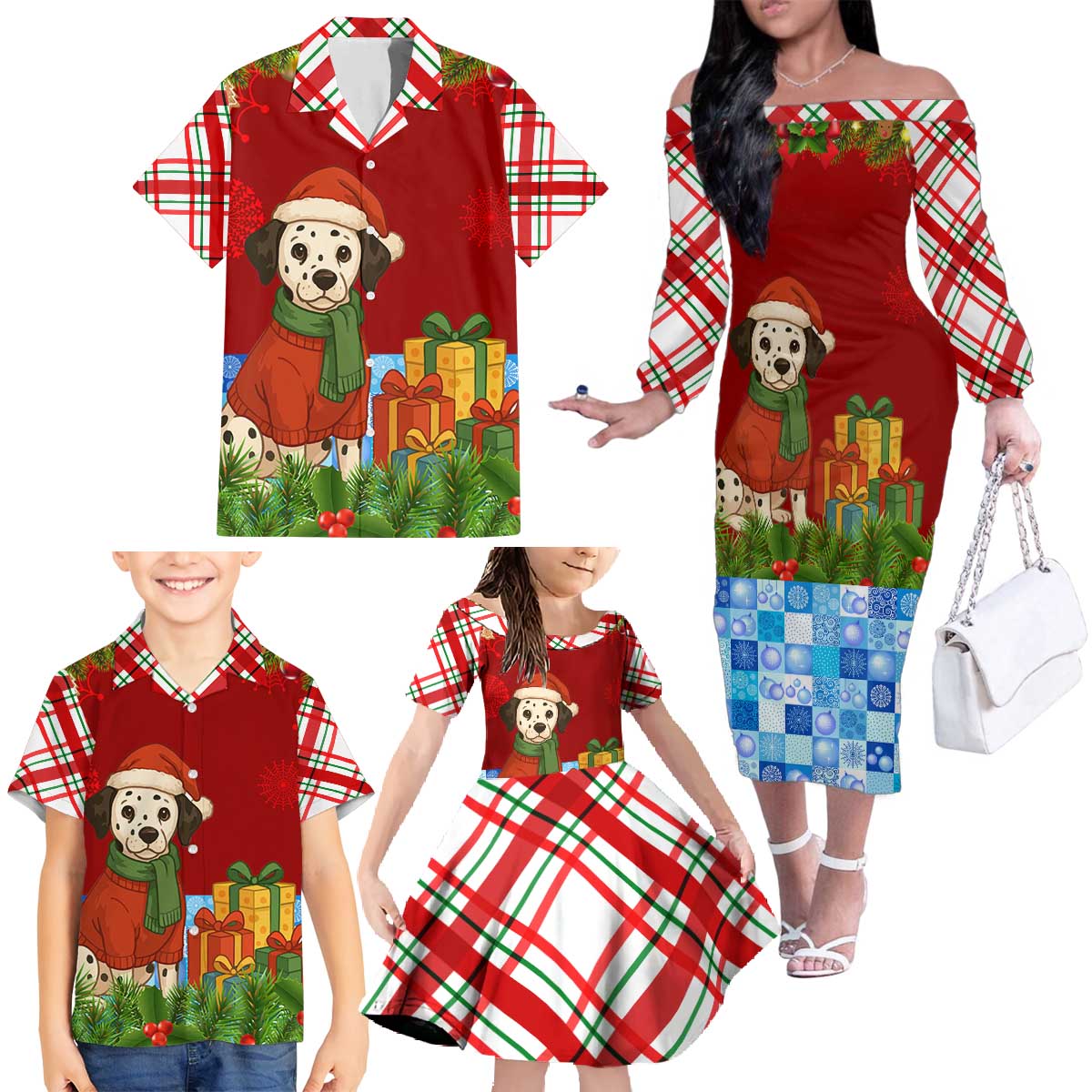 Croatia Christmas Family Matching Off The Shoulder Long Sleeve Dress and Hawaiian Shirt with Dalmatian Dog Presents and Red Plaid Holiday - Wonder Print Shop