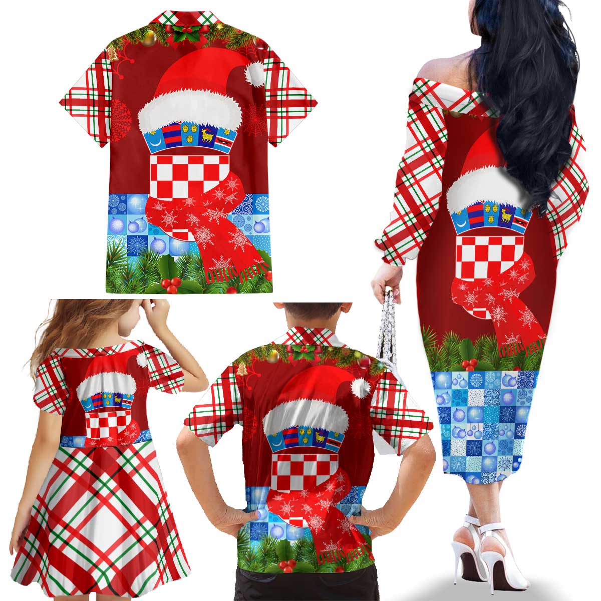 Croatia Christmas Family Matching Off The Shoulder Long Sleeve Dress and Hawaiian Shirt with Dalmatian Dog Presents and Red Plaid Holiday - Wonder Print Shop