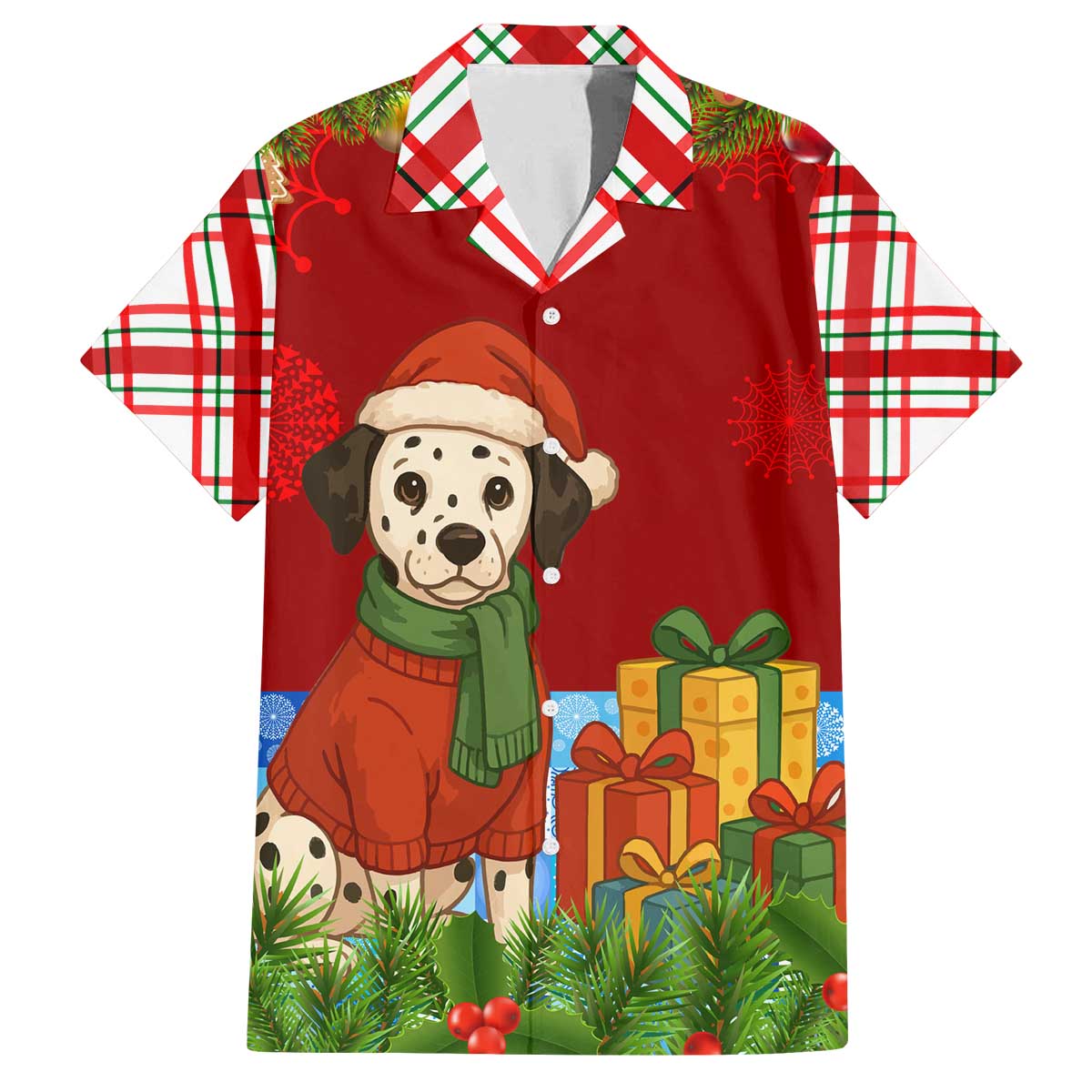Croatia Christmas Family Matching Off The Shoulder Long Sleeve Dress and Hawaiian Shirt with Dalmatian Dog Presents and Red Plaid Holiday - Wonder Print Shop