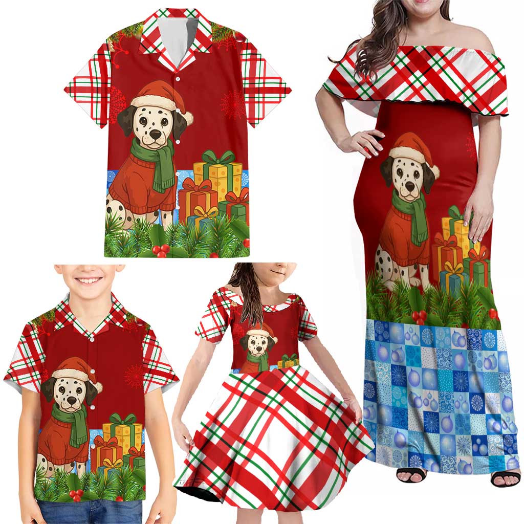 Croatia Christmas Family Matching Off Shoulder Maxi Dress and Hawaiian Shirt with Dalmatian Dog Presents and Red Plaid Holiday - Wonder Print Shop